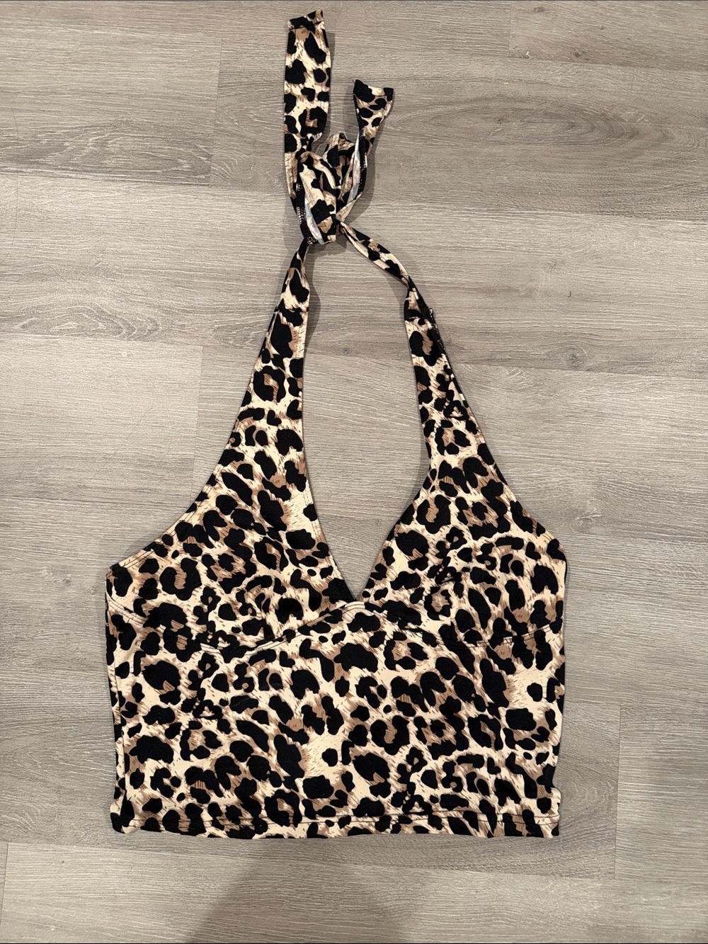SHEIN Leopard Print Halter Crop Top in Beige, Brown & Black